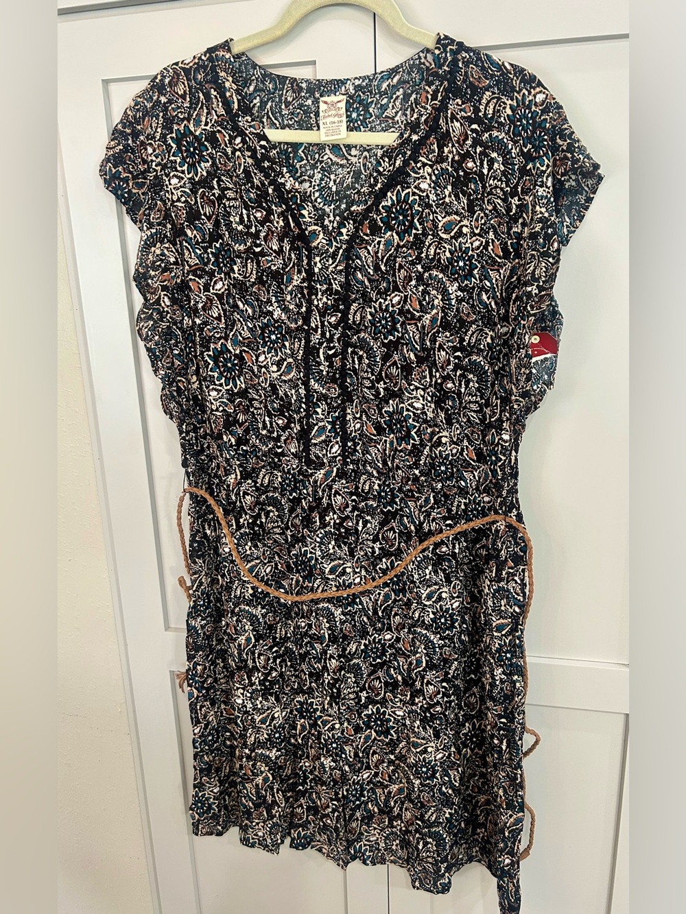 Faded Glory Navy Floral Short Sleeve Belted  Waist Dress